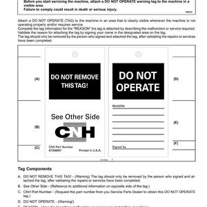 May include: A safety document with the title "Personal safety" and a warning about maintenance hazards. It includes two black and white tags: "DO NOT REMOVE THIS TAG!" and "DO NOT OPERATE". The document also has instructions and a CNH logo.