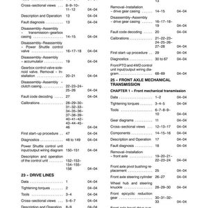 May include: A page from a manual titled "CONTENTS" with a list of topics and page numbers. The document is for a mechanical transmission, with sections on drive lines, front axles, and more. The date on the document is 04-04-2004.