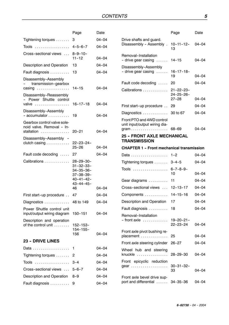 May include: A page from a manual titled "CONTENTS" with a list of topics and page numbers. The document is for a mechanical transmission, with sections on drive lines, front axles, and more. The date on the document is 04-04-2004.