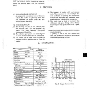 May include: A technical document page detailing reduction starter features and specifications. It includes a table listing output, rating, weight of 20 lbs, and torque of 47 ft-lbs, alongside a graph labeled Fig. 1 Output characteristics.