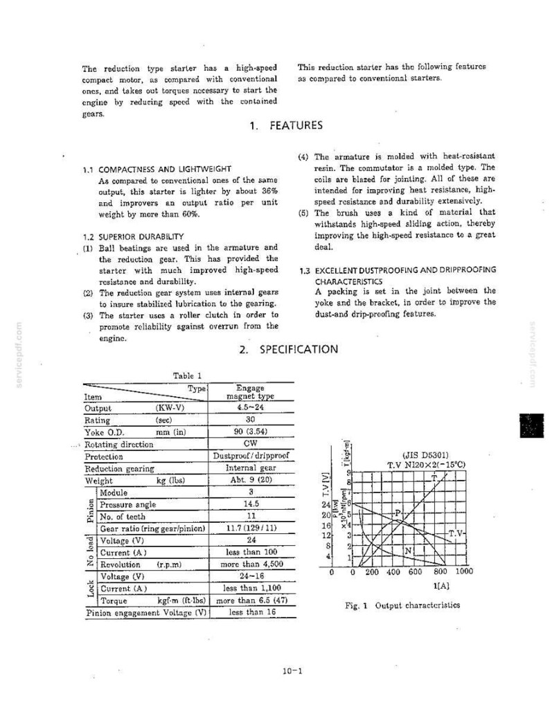 May include: A technical document page detailing reduction starter features and specifications. It includes a table listing output, rating, weight of 20 lbs, and torque of 47 ft-lbs, alongside a graph labeled Fig. 1 Output characteristics.