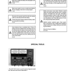 Puede incluir: Una p&aacute;gina de manual con reglas de seguridad y una secci&oacute;n de herramientas especiales. Las reglas de seguridad incluyen advertencias sobre la carga de la bater&iacute;a y el &aacute;cido. La secci&oacute;n de herramientas especiales presenta un comprobador Sun VAT-33.