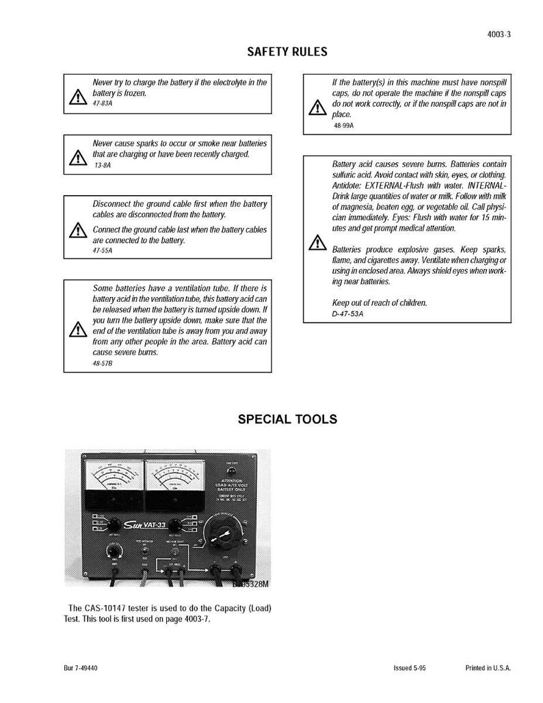 Puede incluir: Una p&aacute;gina de manual con reglas de seguridad y una secci&oacute;n de herramientas especiales. Las reglas de seguridad incluyen advertencias sobre la carga de la bater&iacute;a y el &aacute;cido. La secci&oacute;n de herramientas especiales presenta un comprobador Sun VAT-33.