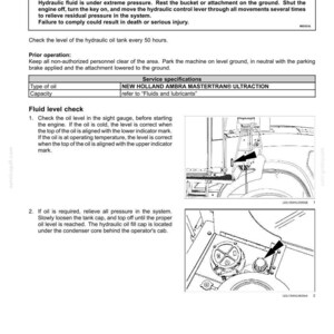 Puede incluir: Una p&aacute;gina de documento de mantenimiento t&eacute;cnico titulada Hydraulic oil level - Check. Incluye un cuadro de advertencia, especificaciones para el aceite New Holland Ambra Mastertran Ultraction y dos diagramas que muestran el visor y la tapa.