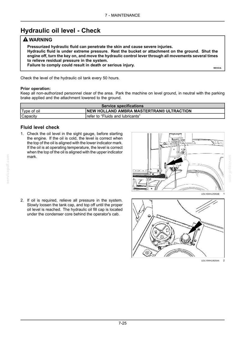 Puede incluir: Una p&aacute;gina de documento de mantenimiento t&eacute;cnico titulada Hydraulic oil level - Check. Incluye un cuadro de advertencia, especificaciones para el aceite New Holland Ambra Mastertran Ultraction y dos diagramas que muestran el visor y la tapa.