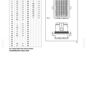 May include: Diagram of an electrical system with a table of pin designations and a connector diagram. The text includes section and chapter titles, pin numbers, and abbreviations. The image is a technical illustration.