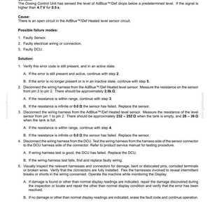 May include: Technical document detailing fault codes for electrical systems, specifically for a reagent tank level sensor. Includes troubleshooting steps, resistance measurements, and connector inspection instructions.