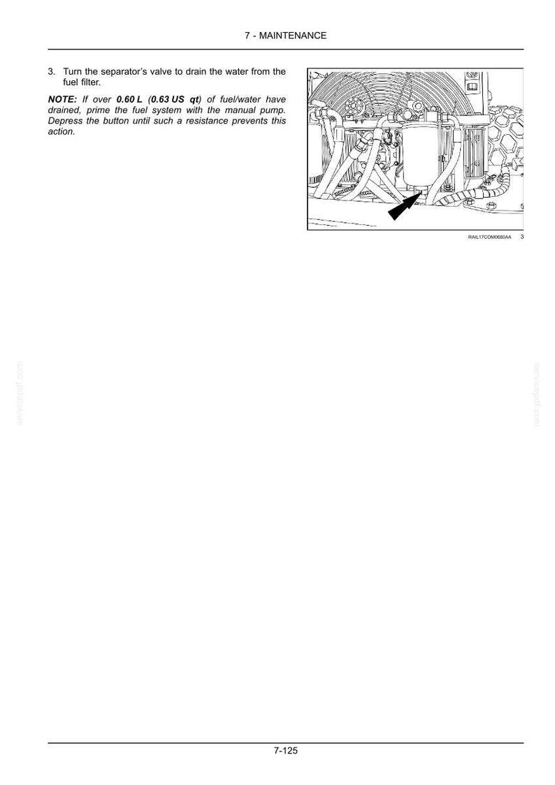 May include: Diagram illustrating maintenance instructions. Text reads: "Turn the separator's valve to drain the water from the fuel filter." The note specifies draining over 0.60 L of fuel/water. An arrow points to a component with multiple tubes.