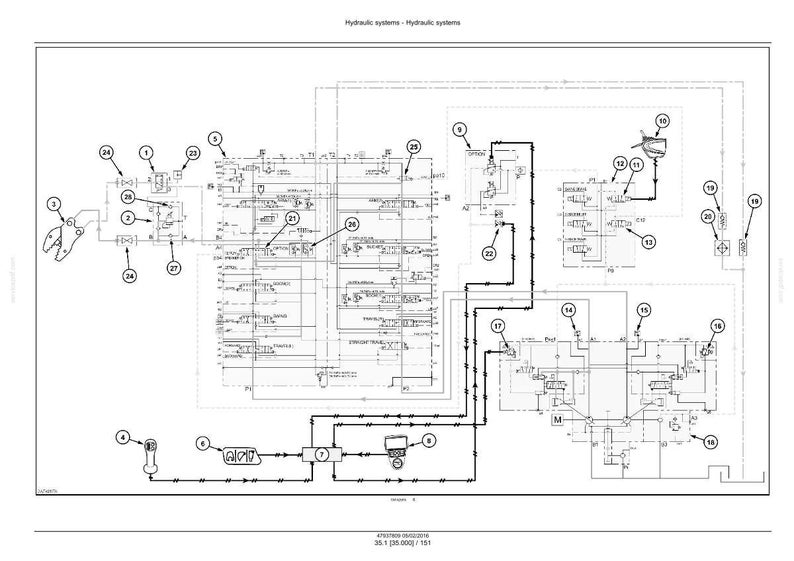 May include: Diagram of a hydraulic system, featuring a complex network of lines, symbols, and numbered components. The schematic is in black and white, with labels and annotations. The title "Hydraulic systems" is at the top.