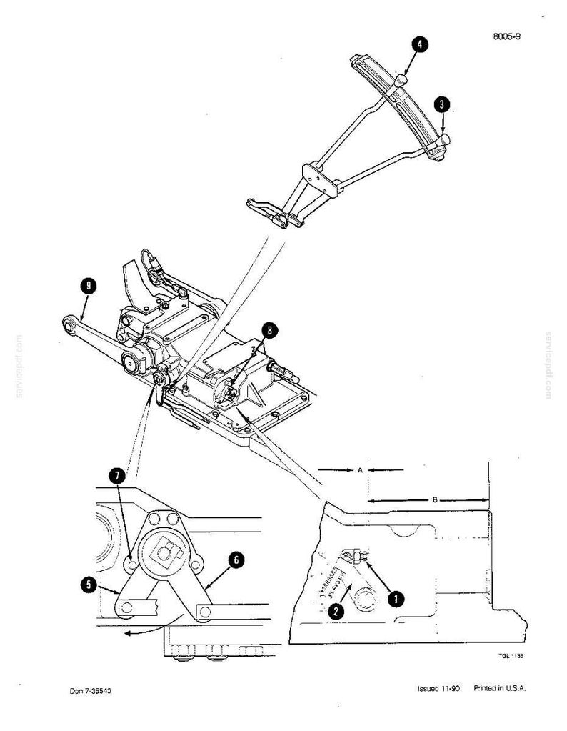 May include: A black and white diagram of mechanical components, with numbered labels and arrows. The image illustrates various parts of a machine or mechanism. Text includes "8005-9" and "Printed in U.S.A."