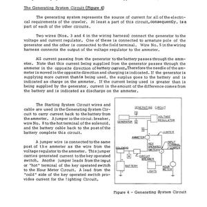 May include: Diagram of a generating system circuit, labeled as Figure 4, with components including a generator, ammeter, voltage regulator, and battery. Text explains the circuit's function and current flow.