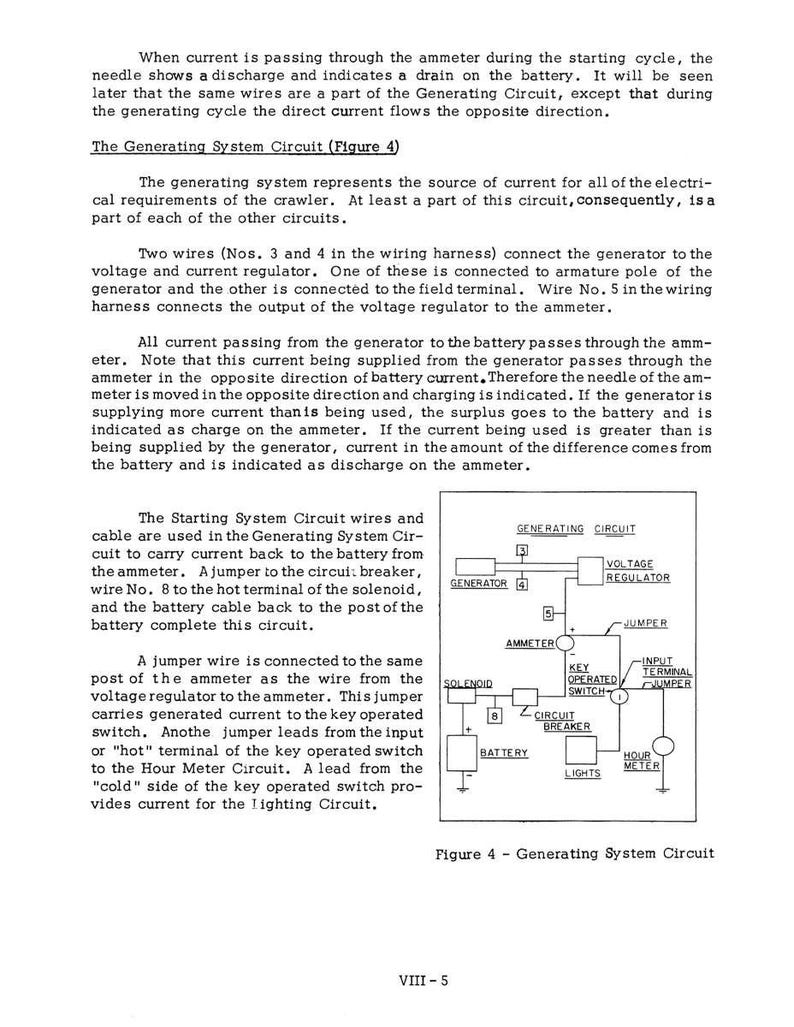 May include: Diagram of a generating system circuit, labeled as Figure 4, with components including a generator, ammeter, voltage regulator, and battery. Text explains the circuit's function and current flow.