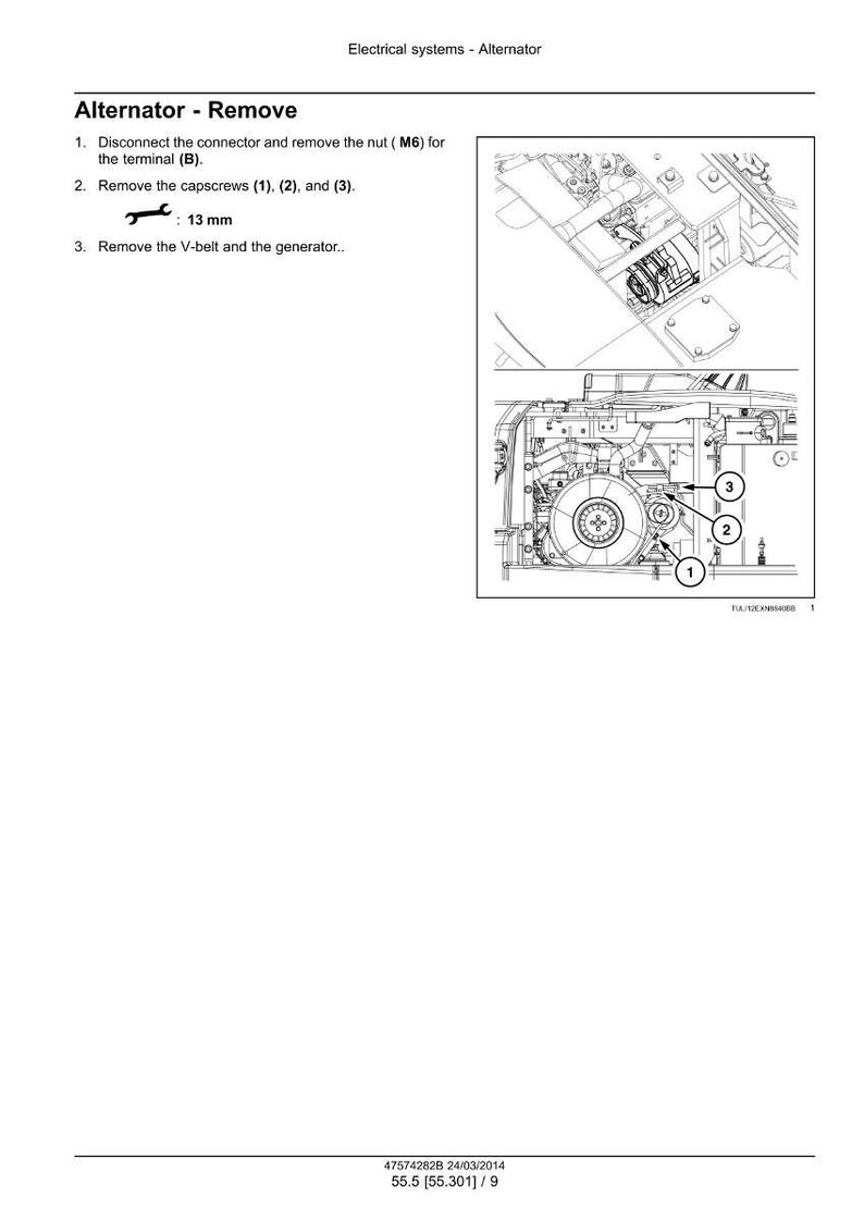 Pu&ograve; includere: Diagramma tecnico che illustra i passaggi per la rimozione dell'alternatore. Il testo include le istruzioni per scollegare il connettore, rimuovere il dado, rimuovere le viti e rimuovere la cinghia trapezoidale. Un'icona della chiave indica una dimensione di 13 mm.