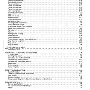 May include: A detailed contents list from a manual, covering maintenance, road transport preparation, safety information, specifications, storage, and troubleshooting. Black text on a white background.