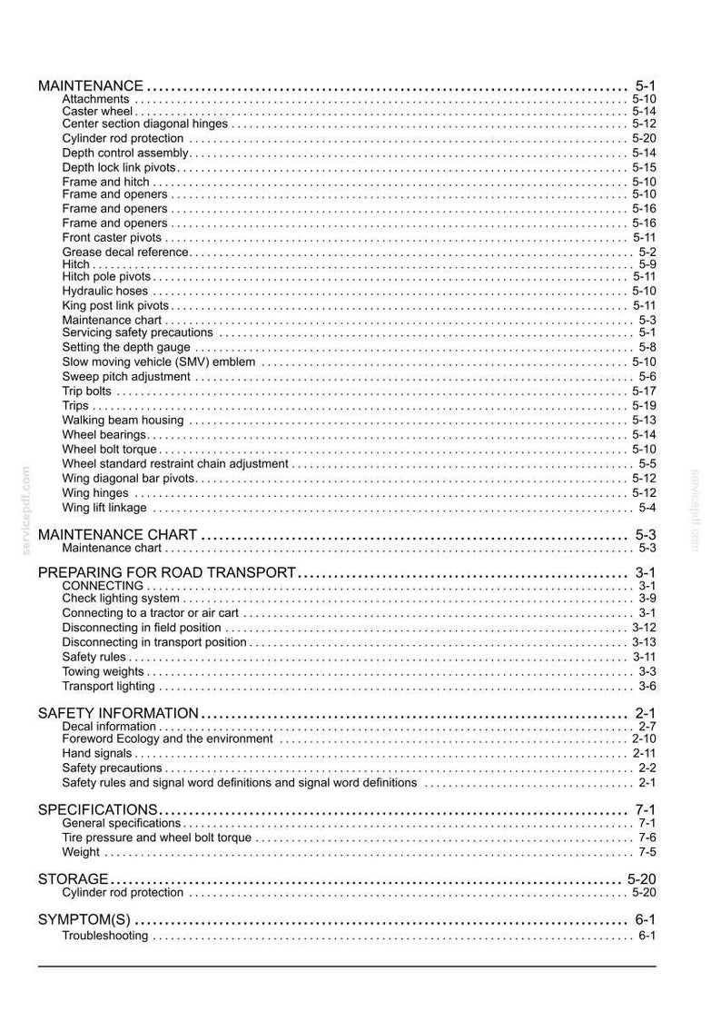 May include: A detailed contents list from a manual, covering maintenance, road transport preparation, safety information, specifications, storage, and troubleshooting. Black text on a white background.
