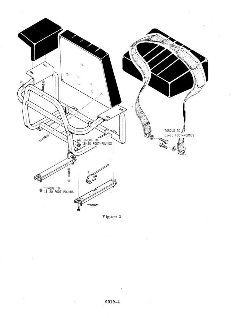 May include: An exploded diagram of a seat assembly, featuring a black seat back and headrest, a metal frame, and a seat belt. The diagram includes labels indicating torque specifications in foot-pounds for various components. The text "Figure 2" is also present.
