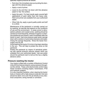 May include: A page from a technical manual titled 7-MAINTENANCE, detailing instructions for cleaning the exterior of a tractor, including steps for paintwork repair, washing procedures, and precautions for pressure washing near electronic components.
