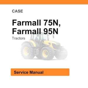 May include: A white background with the text "CASE" at the top. Below, the text reads "Farmall 75N, Farmall 95N" with "Tractors" underneath. An orange rectangle at the bottom says "Service Manual". A yellow tractor is in the background.