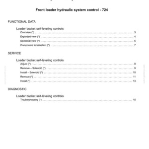 May include: A white document titled "Contents" with the heading "Hydraulic systems - 35." The document lists functional data, service, and diagnostic information for a front loader hydraulic system control. The document includes page numbers.