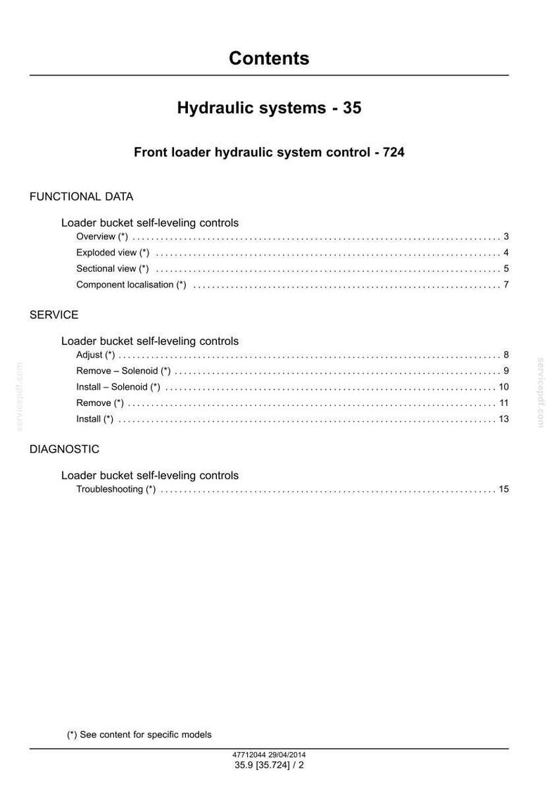May include: A white document titled "Contents" with the heading "Hydraulic systems - 35." The document lists functional data, service, and diagnostic information for a front loader hydraulic system control. The document includes page numbers.