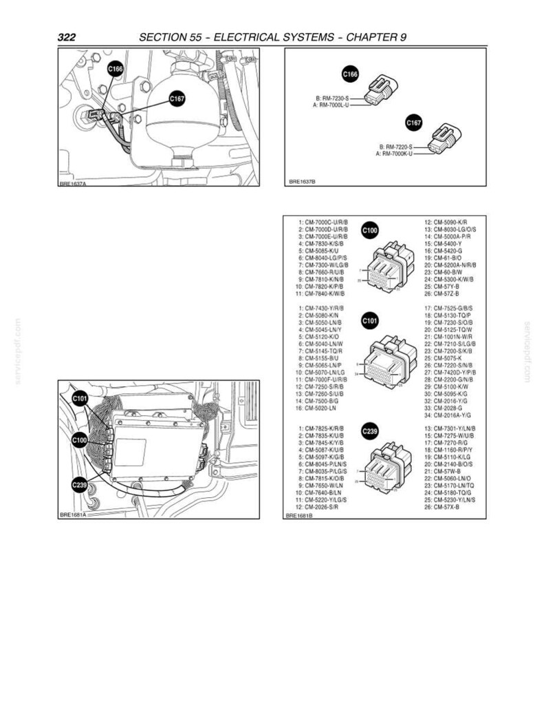 May include: Diagram of electrical system components, including connectors and wiring, labeled with part numbers. Section 55 - Electrical Systems - Chapter 9 is displayed at the top. Various connectors are shown in detail.