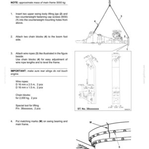 May include: A technical manual page titled E215B-E245B UPPERSTRUCTURE detailing the removal and installation of a main frame. It includes numbered instructions, diagrams of lifting equipment, wire rope specifications, and a swing bearing diagram.