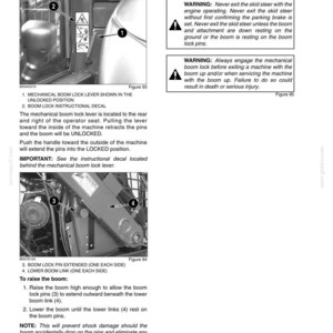 May include: A technical manual page titled CHAPTER 3 - INSTRUMENTS AND CONTROLS, featuring black and white diagrams of a mechanical boom lock lever and boom lock pins on a skid steer, with instructional text and safety warnings regarding operation.