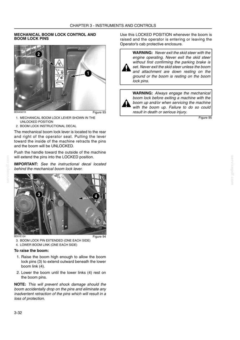 May include: A technical manual page titled CHAPTER 3 - INSTRUMENTS AND CONTROLS, featuring black and white diagrams of a mechanical boom lock lever and boom lock pins on a skid steer, with instructional text and safety warnings regarding operation.