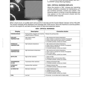 May include: A page from a manual detailing instrument panel indicators and non-critical warnings. Includes a table with display descriptions and corrective actions for issues like parking brake, coolant, and hydraulic temperature.