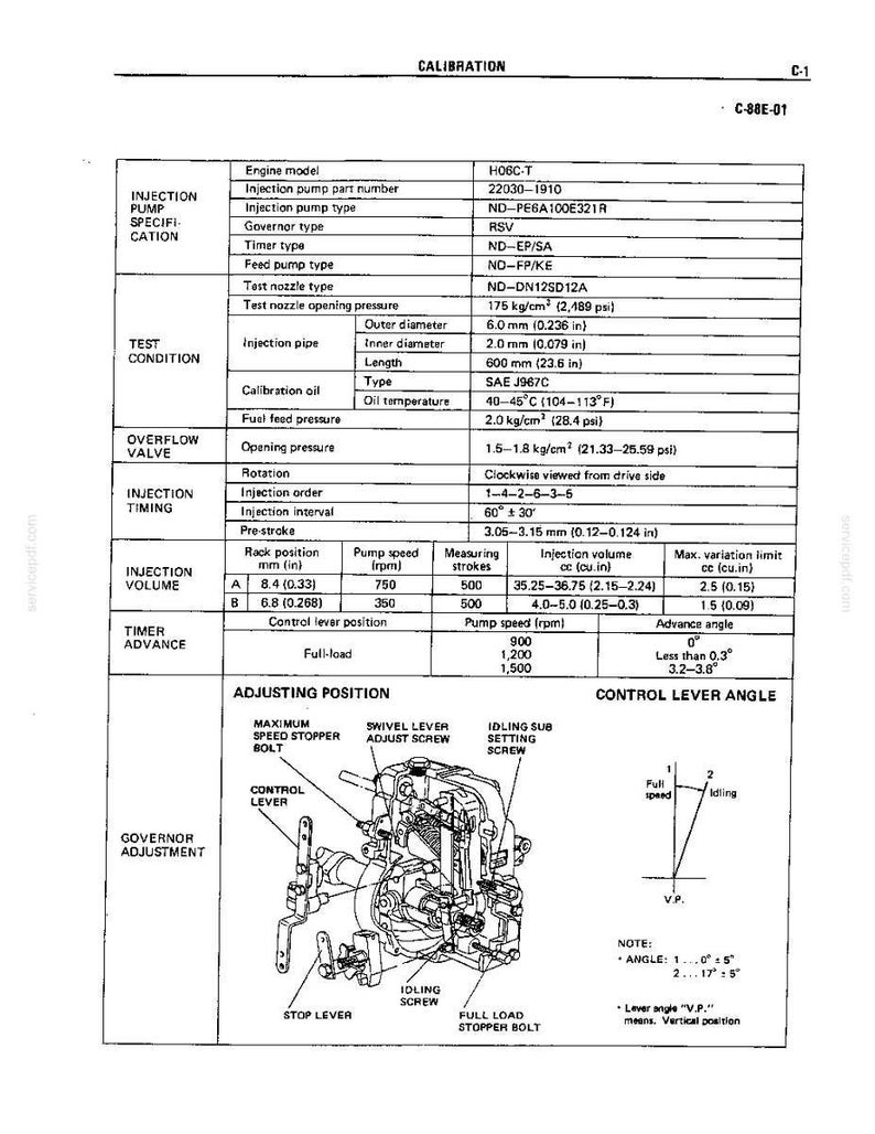 May include: A technical document titled CALIBRATION C-1 for engine model H06C-T. It contains a detailed table of injection pump specifications, test conditions, and timing data, alongside a line drawing of the governor adjustment mechanism.