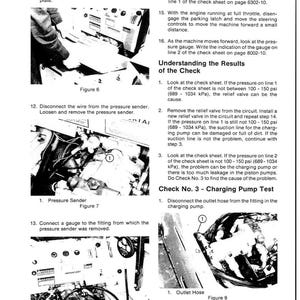 May include: A black and white technical manual page with diagrams and instructions. The page includes figures illustrating mechanical components, along with text detailing procedures for checking and maintaining machinery. The manual is for troubleshooting.