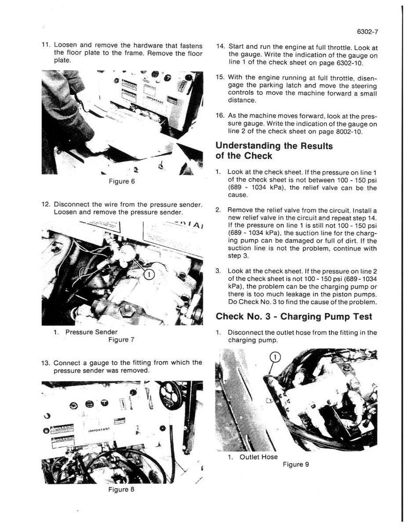 May include: A black and white technical manual page with diagrams and instructions. The page includes figures illustrating mechanical components, along with text detailing procedures for checking and maintaining machinery. The manual is for troubleshooting.
