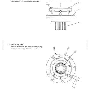 May include: Technical diagram of mechanical components, including a gear case (42), ring gear (46), and shaft (38). The diagram shows the removal of parts with labels and instructions. The text includes "Remove ring gear" and "Remove split collar."