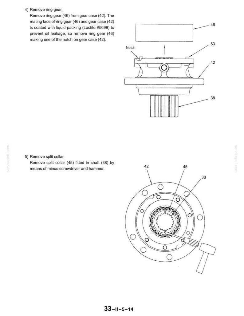 May include: Technical diagram of mechanical components, including a gear case (42), ring gear (46), and shaft (38). The diagram shows the removal of parts with labels and instructions. The text includes "Remove ring gear" and "Remove split collar."