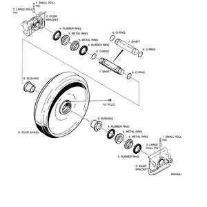 May include: An exploded diagram of mechanical components, including an idler wheel, bushings, rubber rings, metal rings, and shafts. The image is labeled with part numbers and names, and includes the text "Issued 2-90 Printed in U.S.A."