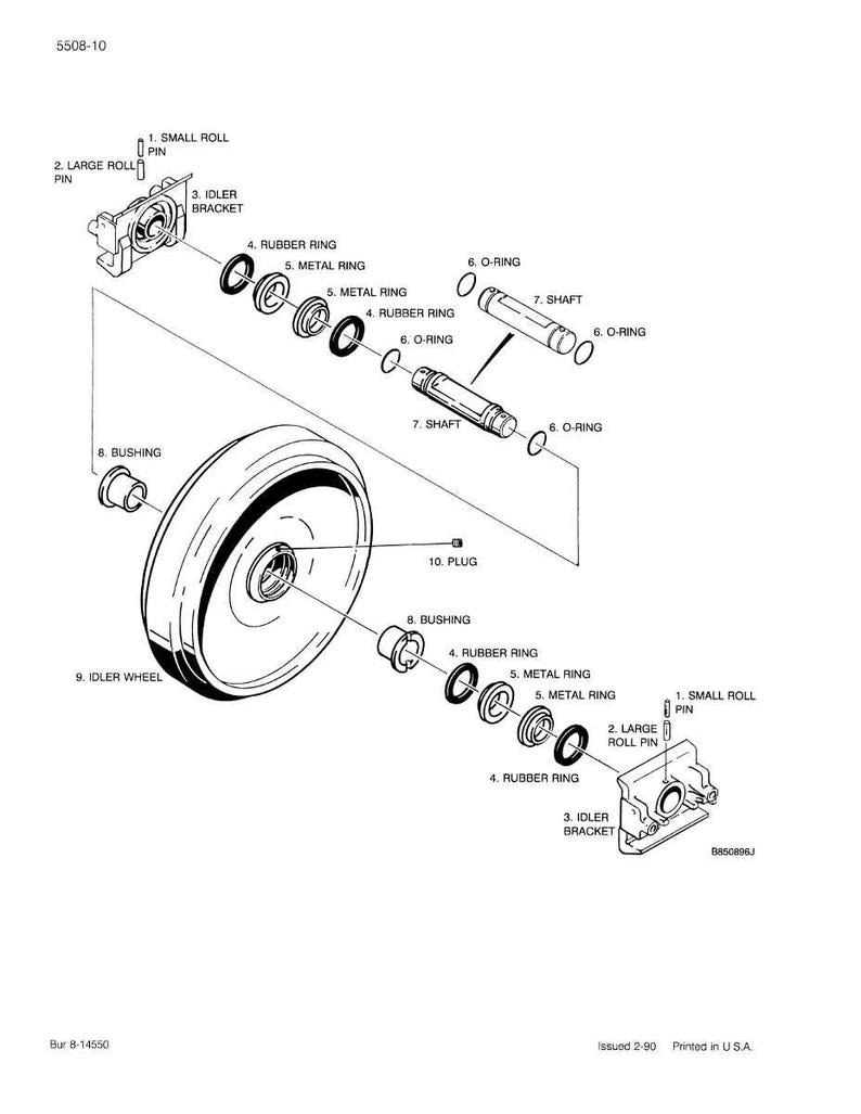 May include: An exploded diagram of mechanical components, including an idler wheel, bushings, rubber rings, metal rings, and shafts. The image is labeled with part numbers and names, and includes the text "Issued 2-90 Printed in U.S.A."