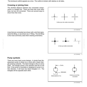 May include: Diagrams of hydraulic system symbols, including lines, fittings, and pump designs. The image shows examples of crossing or joining lines, and pump symbols with directional arrows. Text in the image explains the symbols.