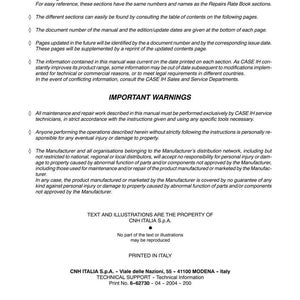 May include: A printed manual with the title "INTRODUCTION" at the top. The text includes important warnings and information about maintenance and repair. The document is from CNH ITALIA S.p.A. and printed in Italy.