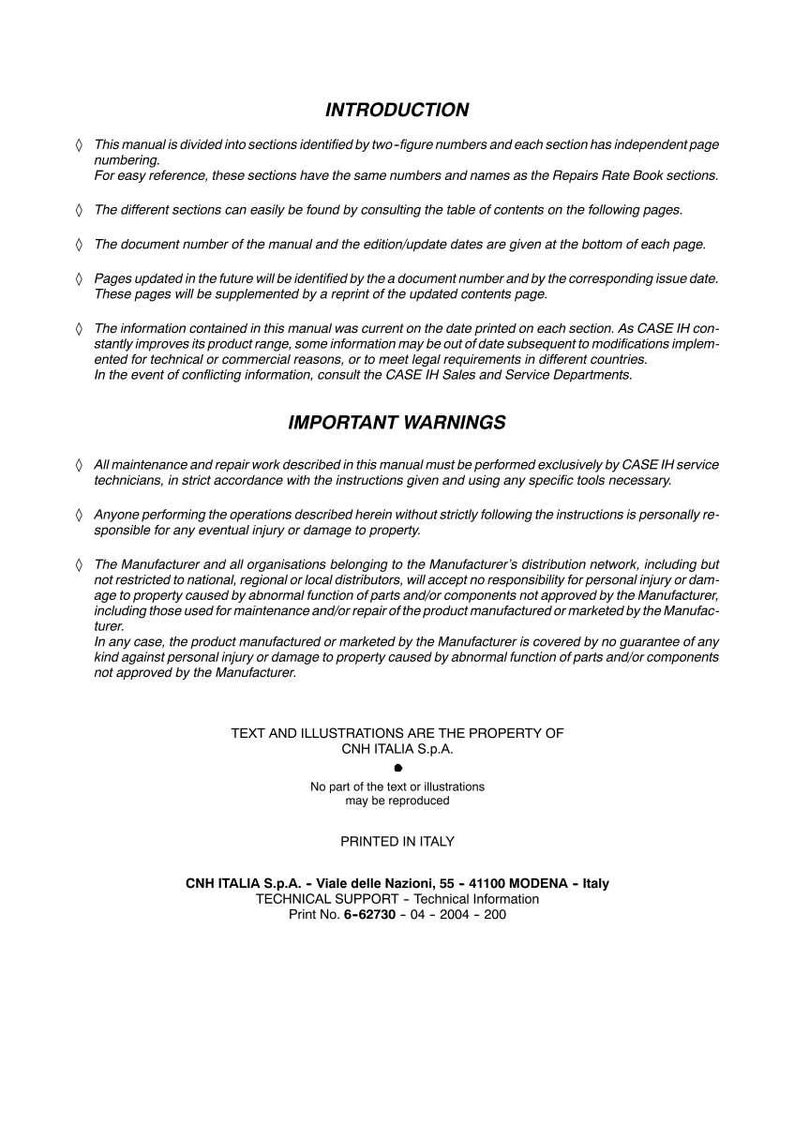 May include: A printed manual with the title "INTRODUCTION" at the top. The text includes important warnings and information about maintenance and repair. The document is from CNH ITALIA S.p.A. and printed in Italy.