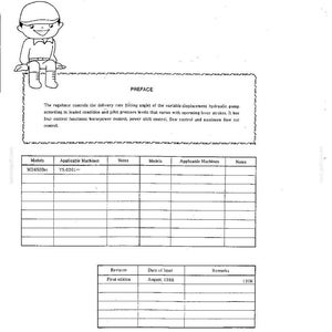 May include: A technical document page titled PREFACE featuring a cartoon character in a cap. It describes a regulator for a variable-displacement hydraulic pump. Includes a table listing model MD450Bc for machine YS-0201 and a revision table dated August 1988.