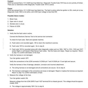 May include: A technical document with troubleshooting steps for a vehicle's electrical system, specifically addressing the "1915-UCM - Rail 12VT1: Two Speed Input Power Off" fault. Includes diagnostic procedures and possible failure modes.
