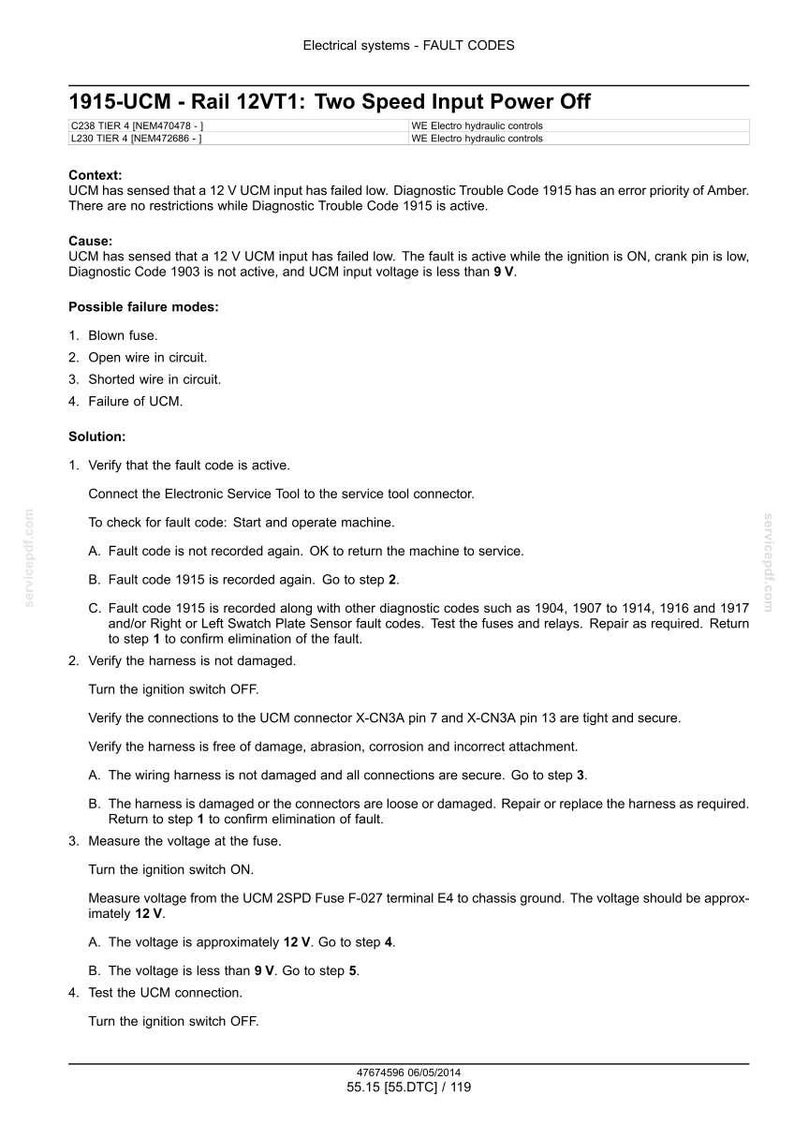 May include: A technical document with troubleshooting steps for a vehicle's electrical system, specifically addressing the "1915-UCM - Rail 12VT1: Two Speed Input Power Off" fault. Includes diagnostic procedures and possible failure modes.