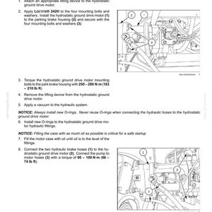 May include: Diagram of hydrostatic drive motor installation with numbered components and torque specifications. The motor weighs approximately 150 lb. Instructions include applying LOCTITE&reg; 242&reg; to bolts and connecting hoses.