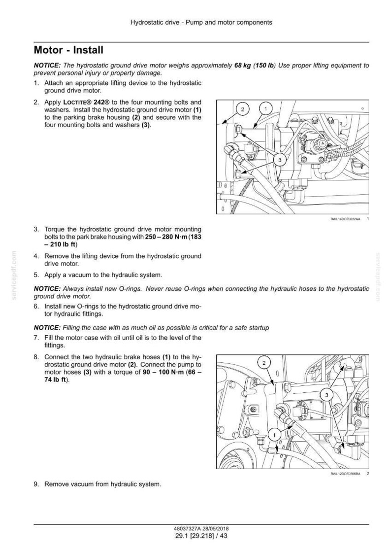 May include: Diagram of hydrostatic drive motor installation with numbered components and torque specifications. The motor weighs approximately 150 lb. Instructions include applying LOCTITE&reg; 242&reg; to bolts and connecting hoses.