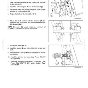 May include: Diagram of a Power Take-Off (PTO) drive shaft assembly, with numbered steps and labeled components. Includes measurements in inches and foot-pounds for torque specifications. The image is a technical illustration.