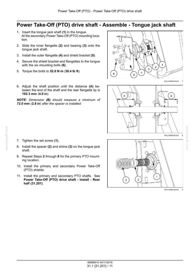 May include: Diagram of a Power Take-Off (PTO) drive shaft assembly, with numbered steps and labeled components. Includes measurements in inches and foot-pounds for torque specifications. The image is a technical illustration.