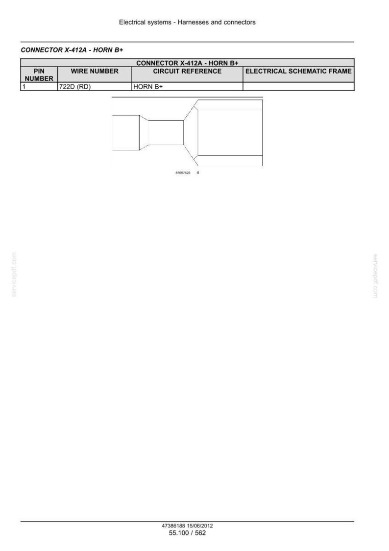 Pu&ograve; includere: Diagramma di un connettore elettrico, etichettato "CONNECTOR X-412A - HORN B+". Il diagramma include una tabella con le colonne "PIN NUMBER", "WIRE NUMBER" e "CIRCUIT REFERENCE". L'immagine include anche il testo "Electrical systems - Harnesses and connectors".