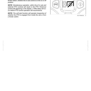K&ouml;nnte beinhalten: Eine Seite aus einem technischen Handbuch mit dem Titel 6-WORKING OPERATIONS, die Anweisungen zu Warnleuchten, Schaltern und ein Diagramm eines Bedienfelds mit einer STOP-Taste und einem durchgestrichenen PTO-Symbol enth&auml;lt.