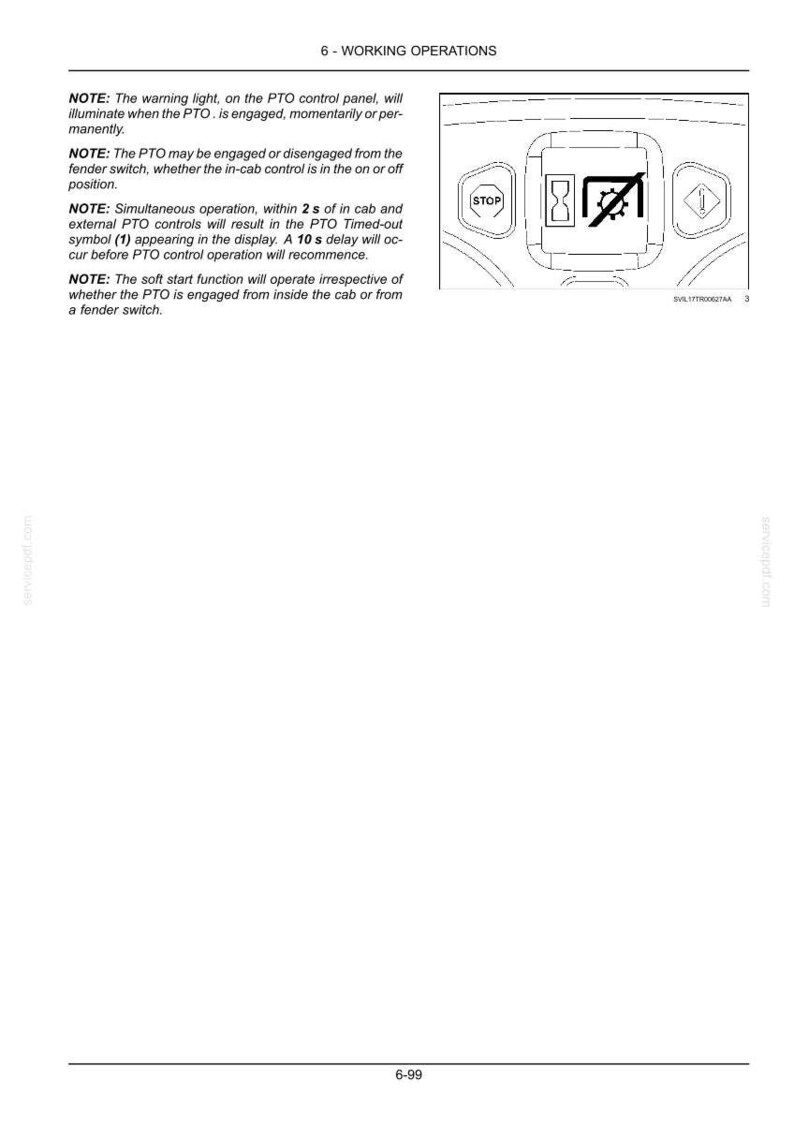 K&ouml;nnte beinhalten: Eine Seite aus einem technischen Handbuch mit dem Titel 6-WORKING OPERATIONS, die Anweisungen zu Warnleuchten, Schaltern und ein Diagramm eines Bedienfelds mit einer STOP-Taste und einem durchgestrichenen PTO-Symbol enth&auml;lt.