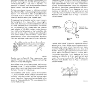 May include: Technical diagram titled "PIN AND BUSHING WEAR FOR SEALED TRACK" with illustrations and instructions for measuring wear on bushings and track chains. Includes diagrams and text about wear measurement and component appraisal.